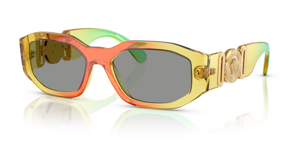 Lunettes de soleil Versace VE4361 5530/1 – Dégradé jaune/rouge/vert – vue de trois quarts.