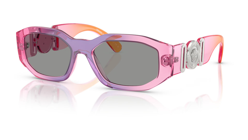Lunettes de soleil Versace VE4361 5537/1 – Dégradé rose/violet/orange – vue de trois quarts.