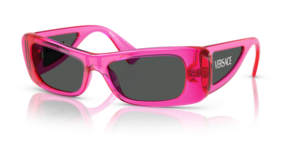 Lunettes de soleil Versace VE4481 543487 – Fuchsia fluo transparent – vue de trois quarts.