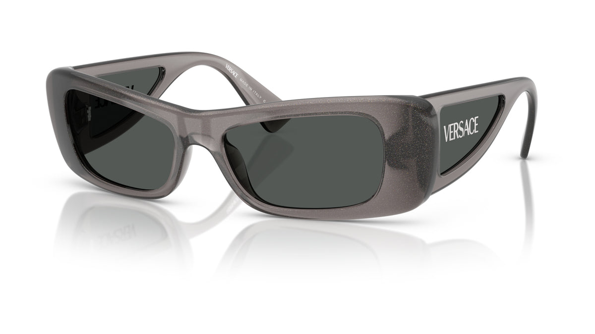 Lunettes de soleil Versace VE4481 550287 – Transparent pailleté gris – vue de trois quarts.