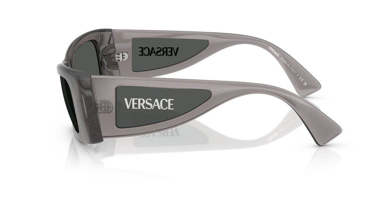 Lunettes de soleil Versace VE4481 550287 – Transparent pailleté gris – vue de profil.