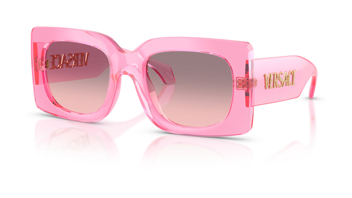 Lunettes de soleil Versace VE4496U 53705M – Rose transparent – vue de trois quarts.